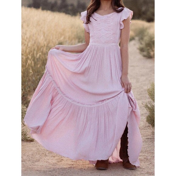 Mia Joy Viola Maxi Dress Violet Pink Full Tiered Skirt Crochet Flutter Girls 12 - Picture 1 of 13
